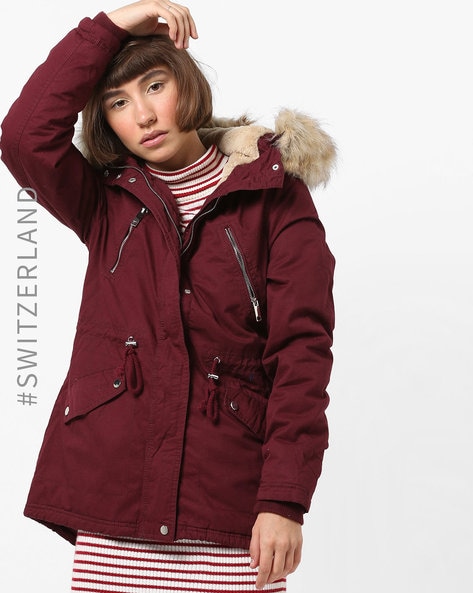 maroon jacket with fur hood