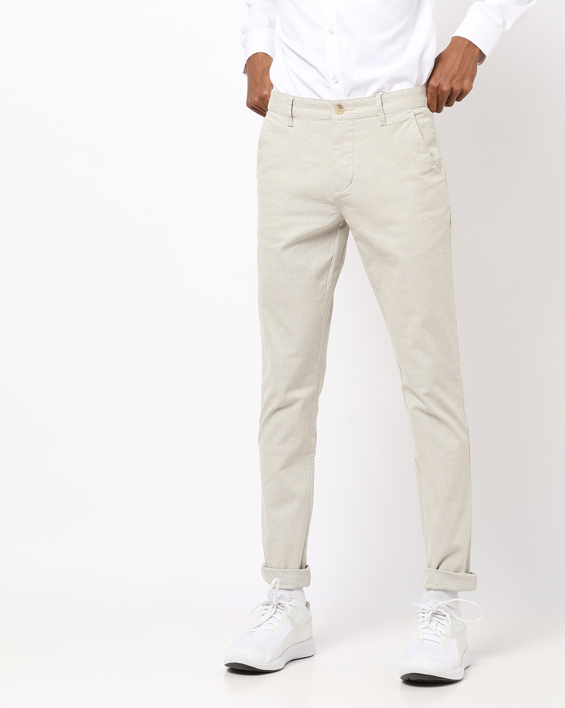 beige striped trousers