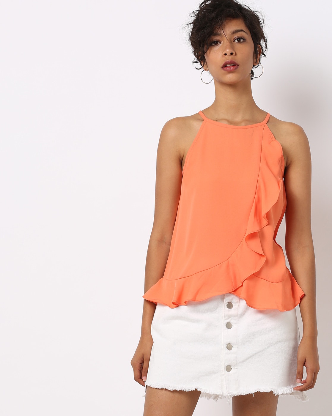 Peach halter neck cheap ruffle top