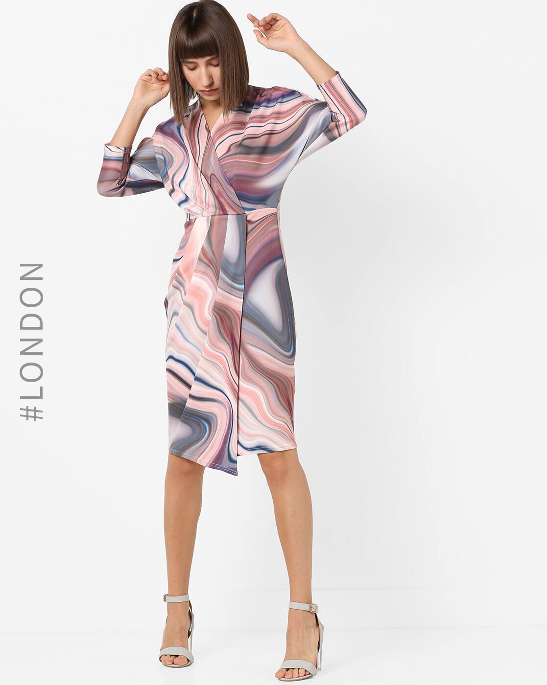 Multicoloured Dresses For Women By Closet London Ajio Closet London Printed Sheath Dress With Overlapped Front