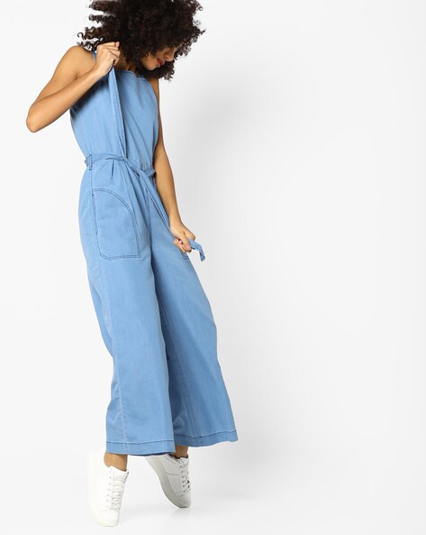 light blue denim jumpsuit