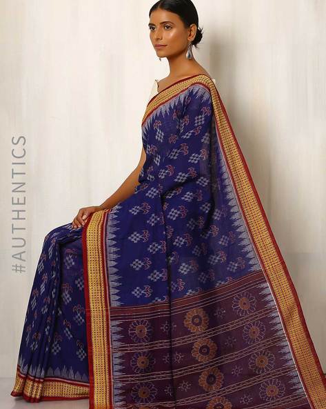 Red Blue Sambalpuri Handwoven Silk Saree - Sambalpuri Fab