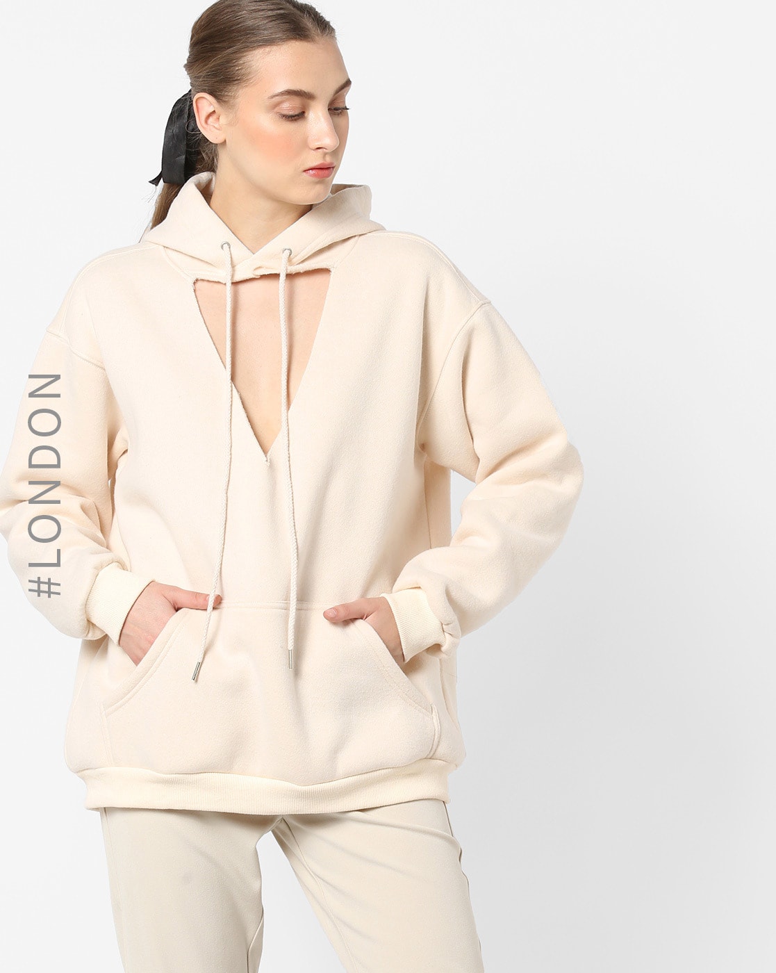 drop shoulder cut out front hoodie