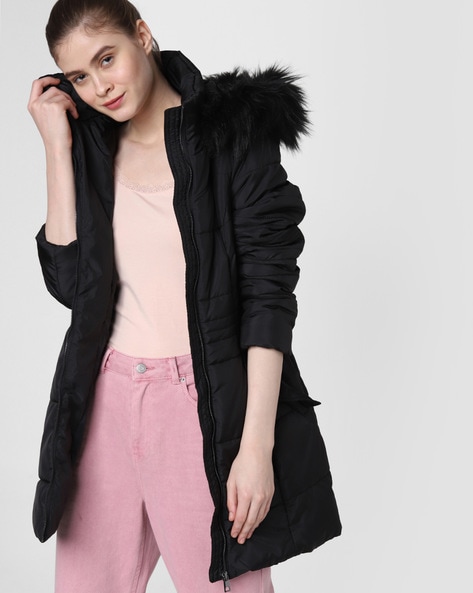 black quilted jacket with fur hood