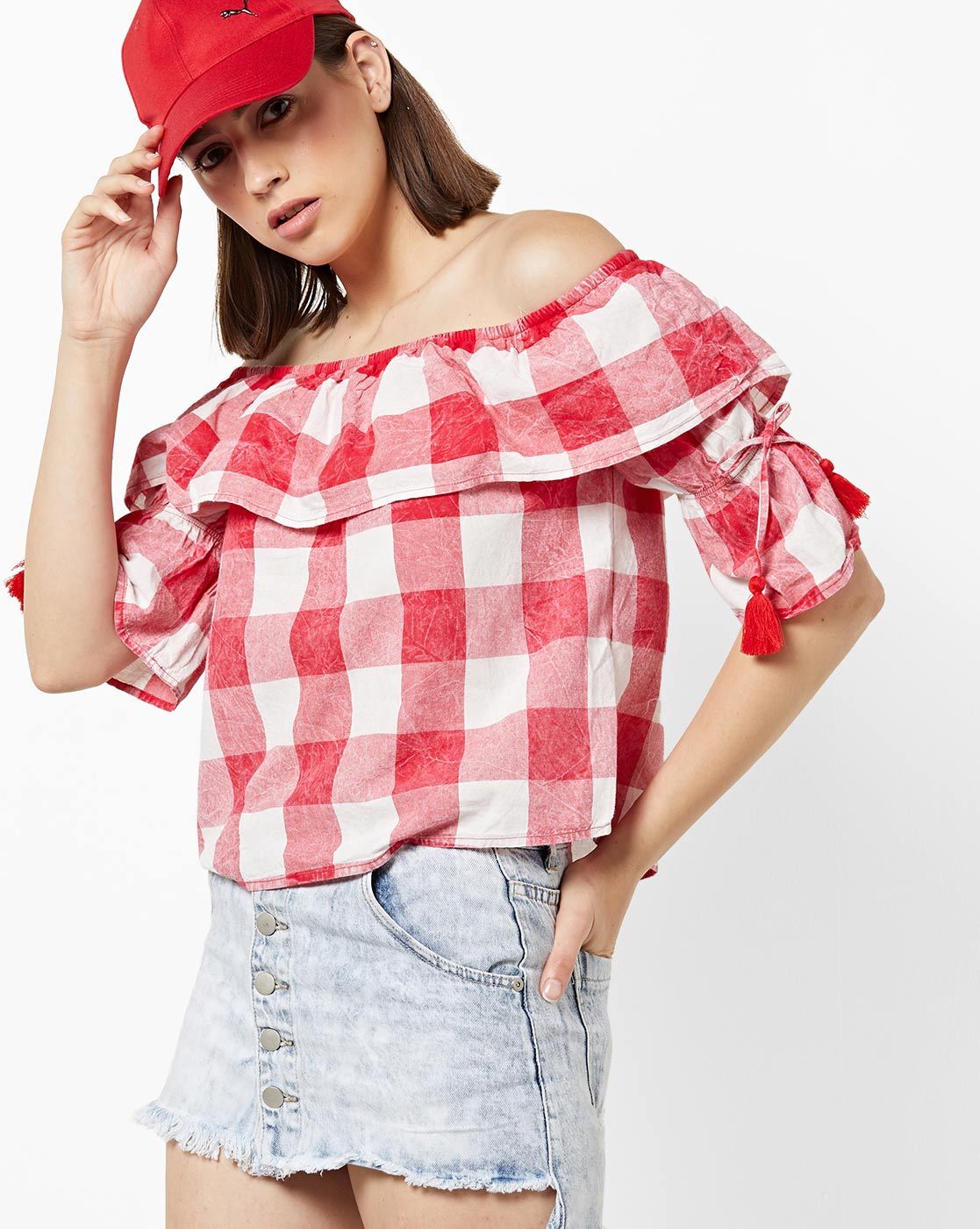 red and white checkered off the shoulder top