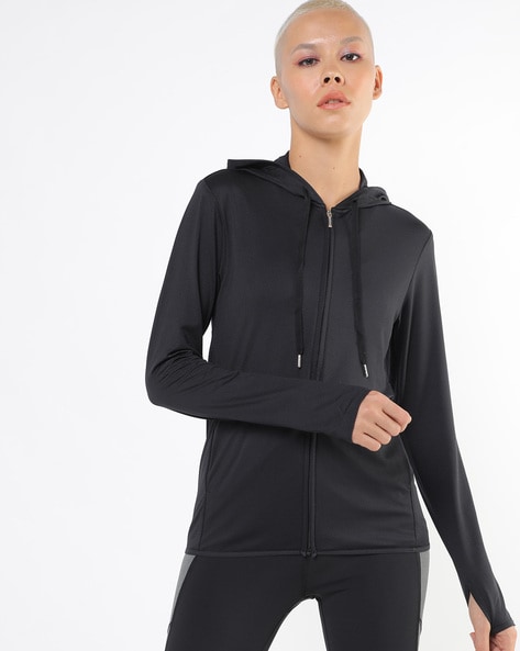 Textured Zip-Front Hoodie with Thumb-Hole