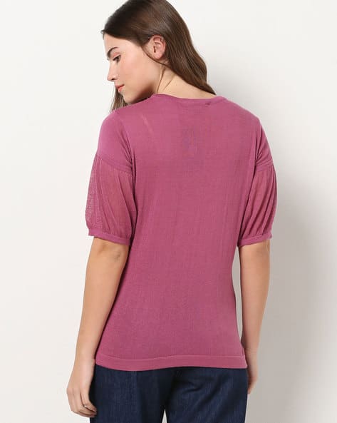 Textured Round-Neck Top with Balloon Sleeves (Image - 1)