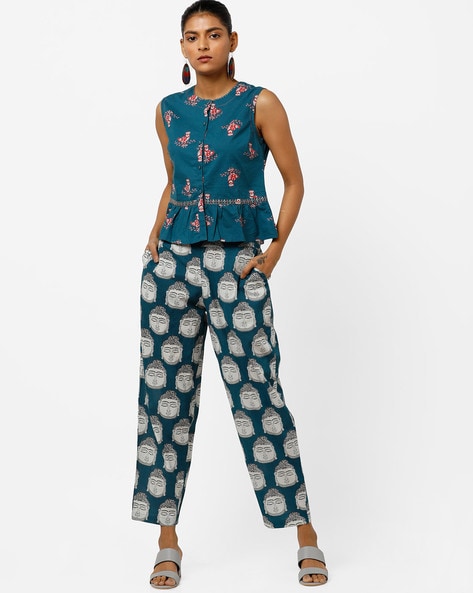 Buy JANASYA Embellished Crop Brocade Woven Women's Top with Straight Pant  and Jacket | Shoppers Stop