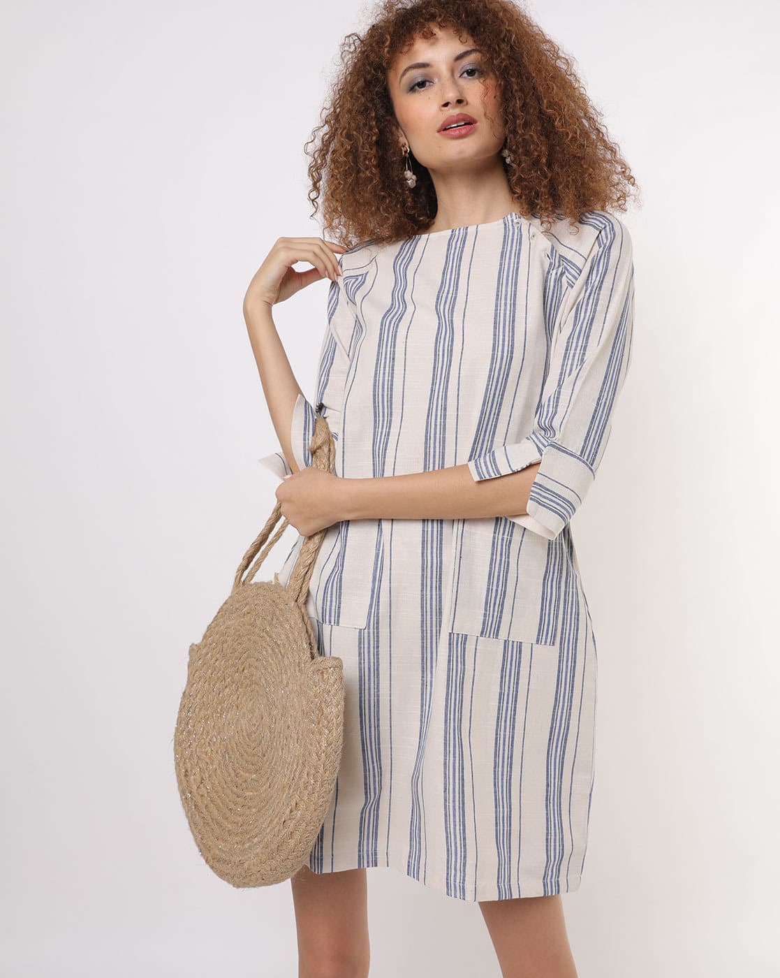 blue and white striped shift dress