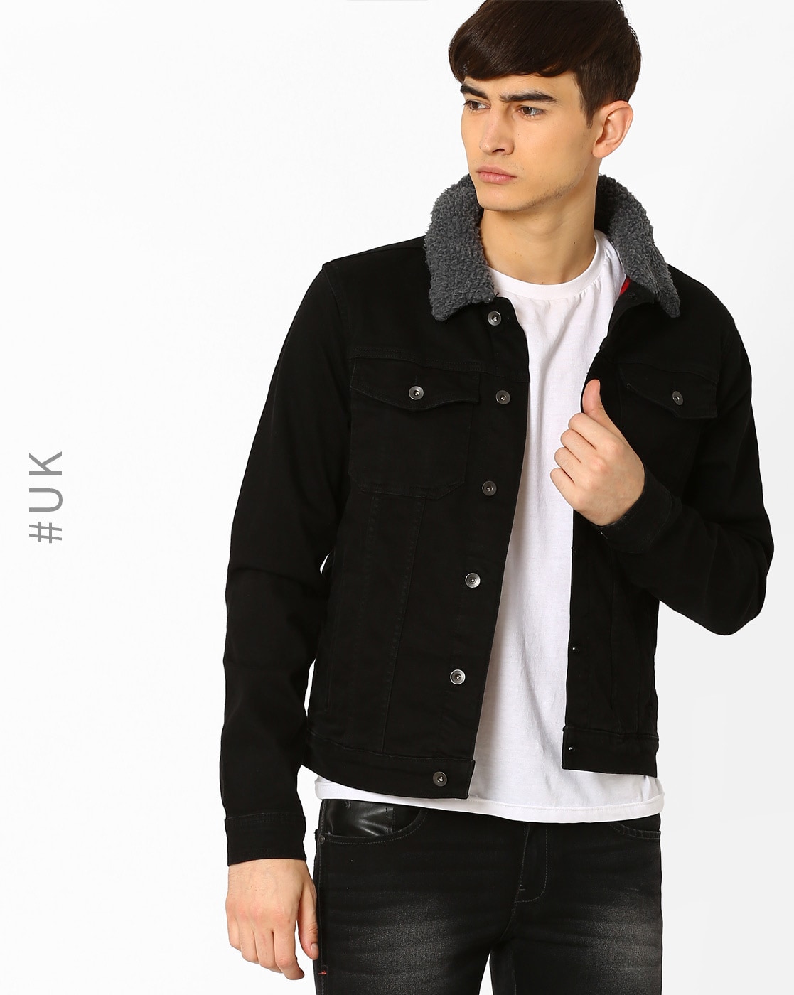 ASOS DESIGN denim jacket with detachable fleece collar in black  ASOS