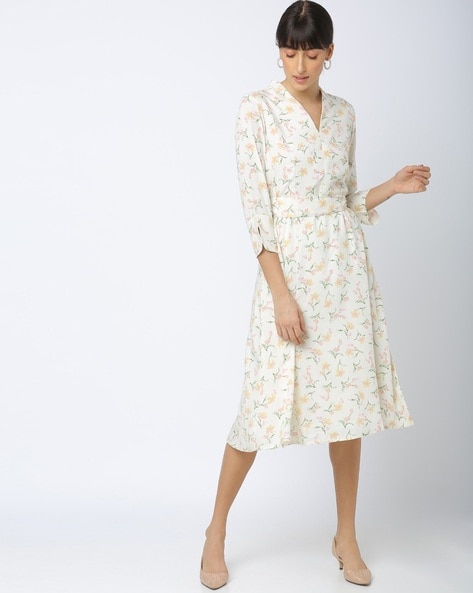 cream printed pleat sleeve wrap dress