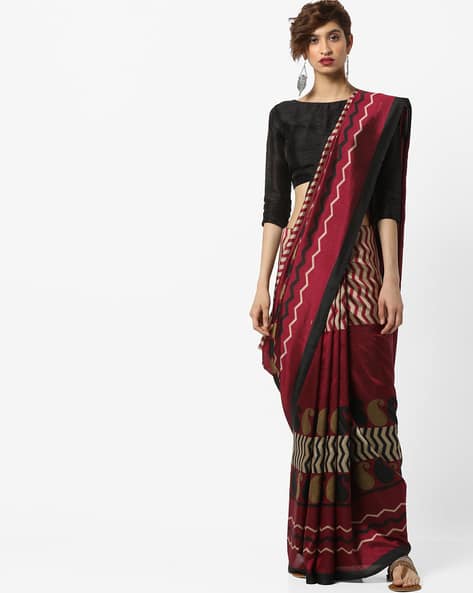 Printed Malbari Saree With Contrast Border By Florence ( Maroon )