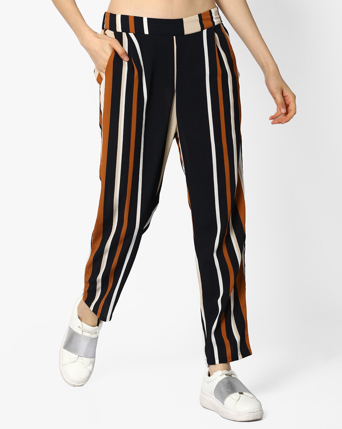 multicoloured striped trousers