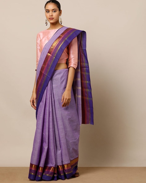 Indie Picks Purple Traditional South Cotton Saree with Chettinad Border