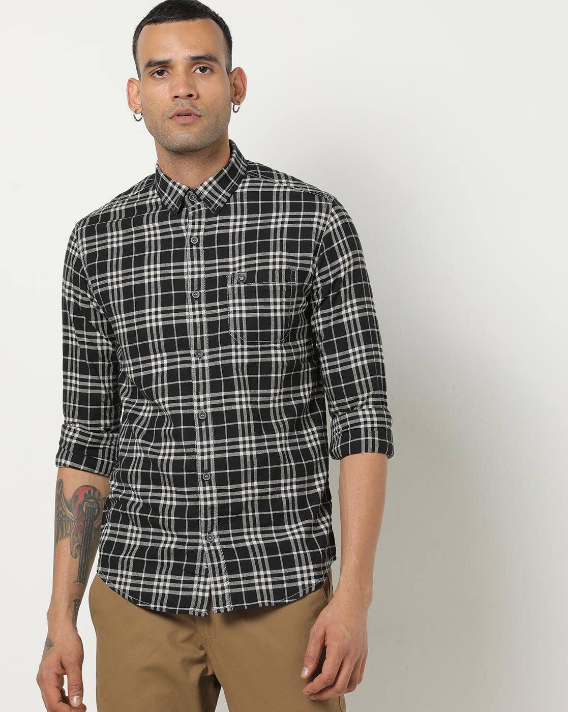 checked slim fit shirt with patch pocket