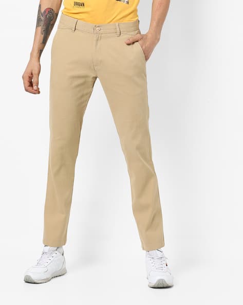 Cotton Slim Fit Flat-Front Trousers By British Club ( Beige )