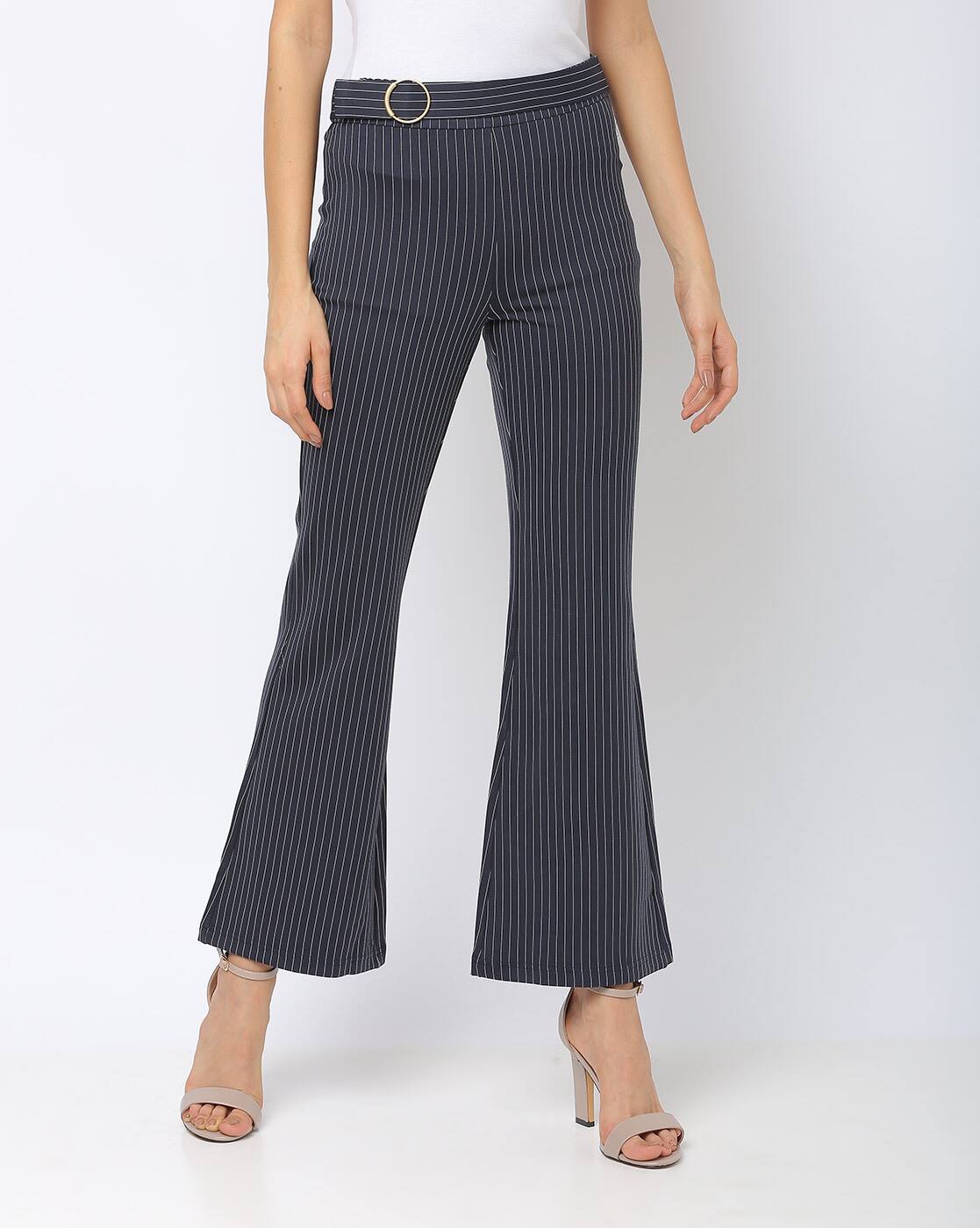navy flared trousers