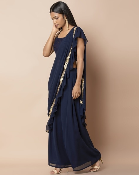 Draped A line Skirt with Attached Ruffled Dupatta