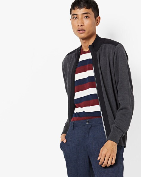 zip front cardigan with ribbed hems