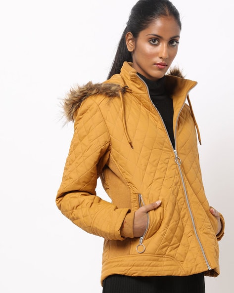 mustard jacket with fur hood