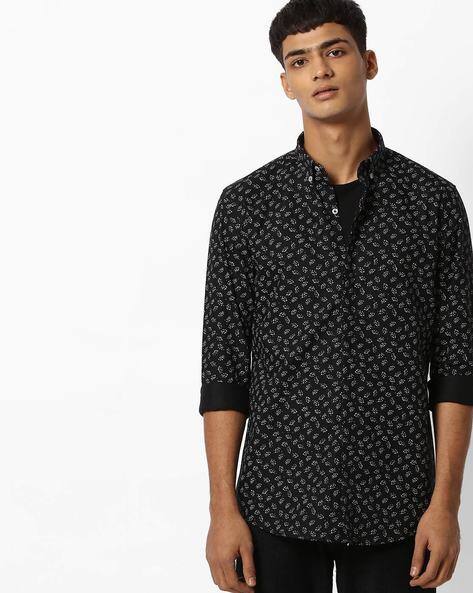 Slim Fit Leaf Print Shirt With Button-Down Collar By MR.BUTTON ( Black )