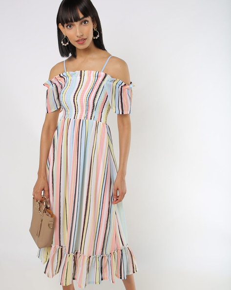 Striped Off-Shoulder A-line Dress