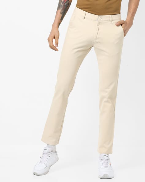 Cotton Slim Fit Flat-Front Trousers By British Club ( Cream ) - 460217772002