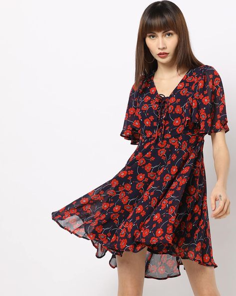 Floral Print Skater Dress with Flared Sleeves