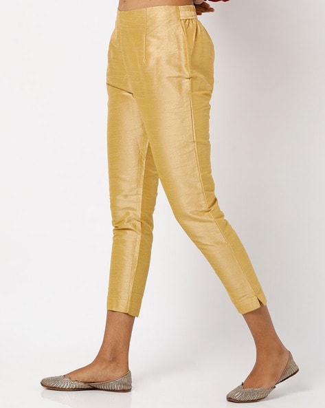 Buy De Moza Women Gold Solid Polyester Cigarette Pant Online at