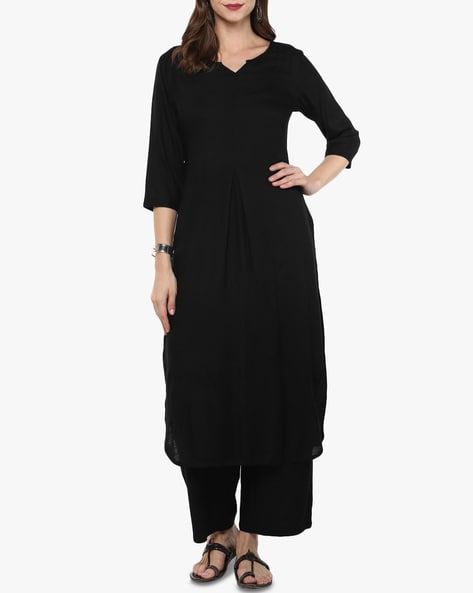 Black kurti and offwhite pant with heavy embroidery work  Kurti Fashion
