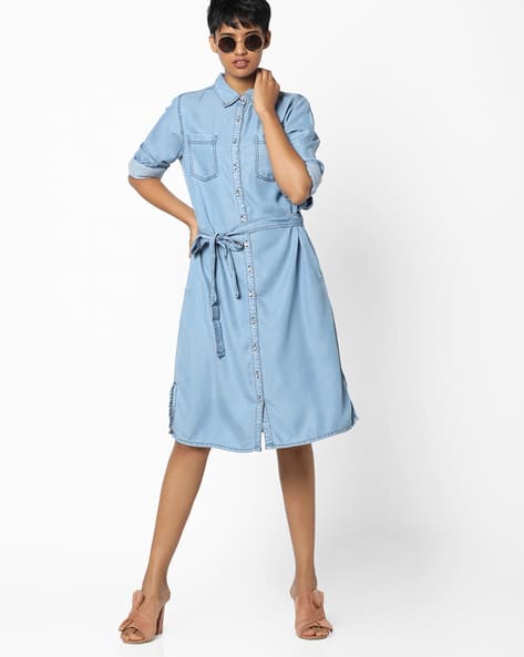 Denim Shirt Dress with Waist Tie-Up