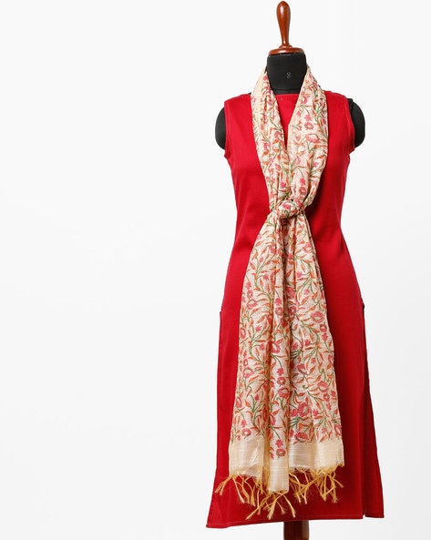 Floral Print Silk Dupatta with Tassels Price in India