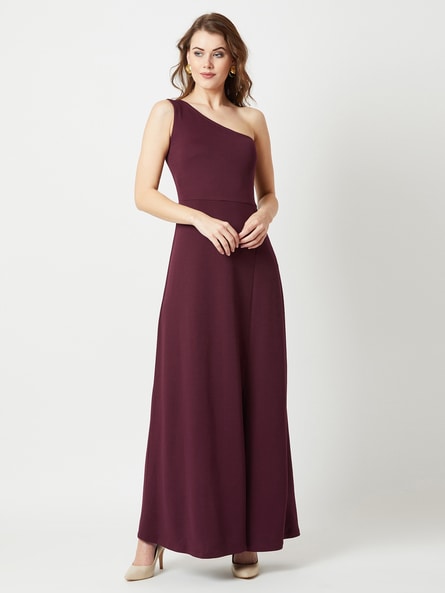 one shoulder maroon dress