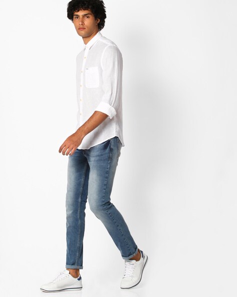 White linen shirt sales with blue jeans