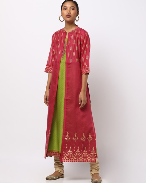 Printed A-line Kurta with Placement Embroidery
