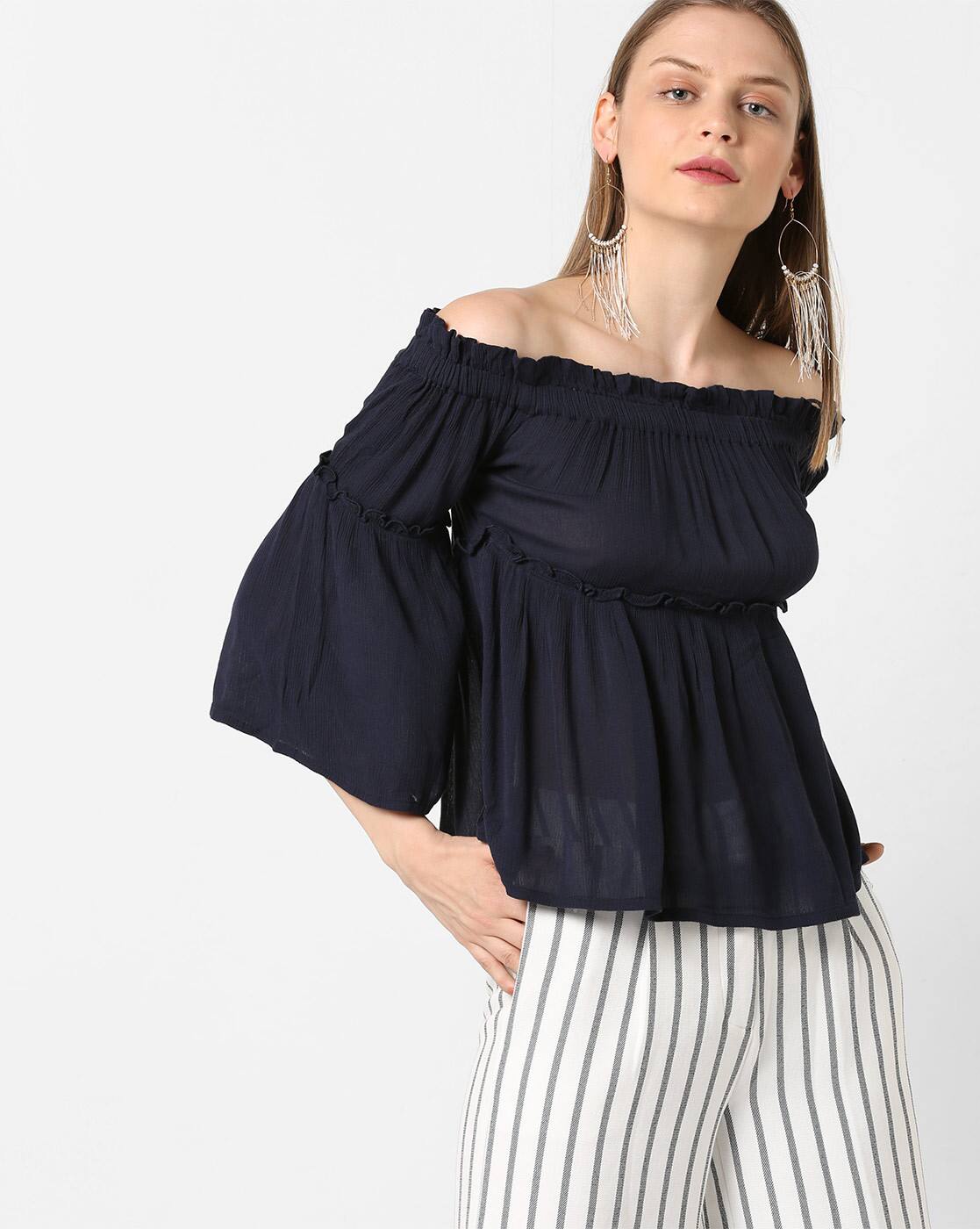 gray off shoulder top