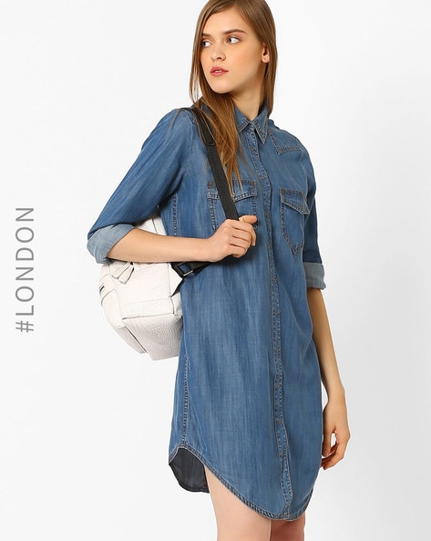 Black Flap Pockets Denim Dress Long Sleeves Single Breasted - Temu