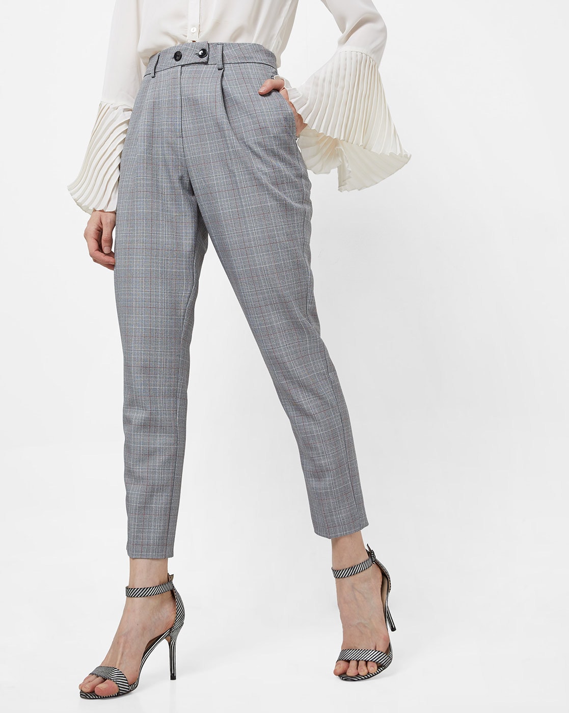 Charcoal/Black Check | Slim Leg Wool Blend Trouser | Pure Collection