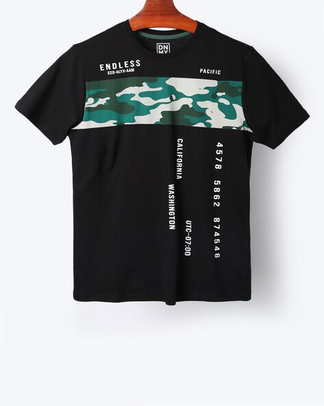 Crew-Neck T-shirt with Camo Print Panel