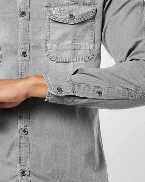 Denim Slim Fit Shirt with Buttoned Flap Pockets