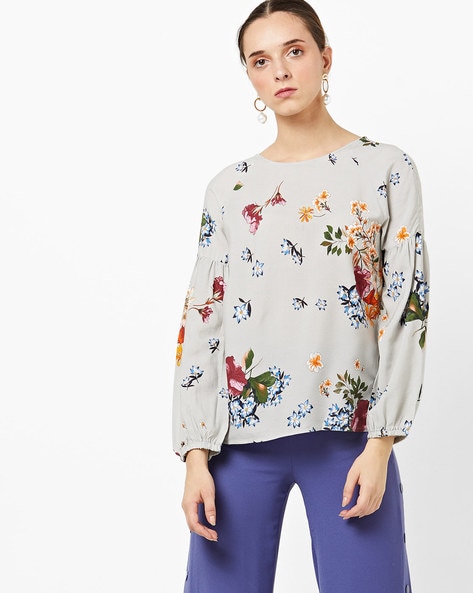 Floral Print Top with Drop-Shoulder Sleeves
