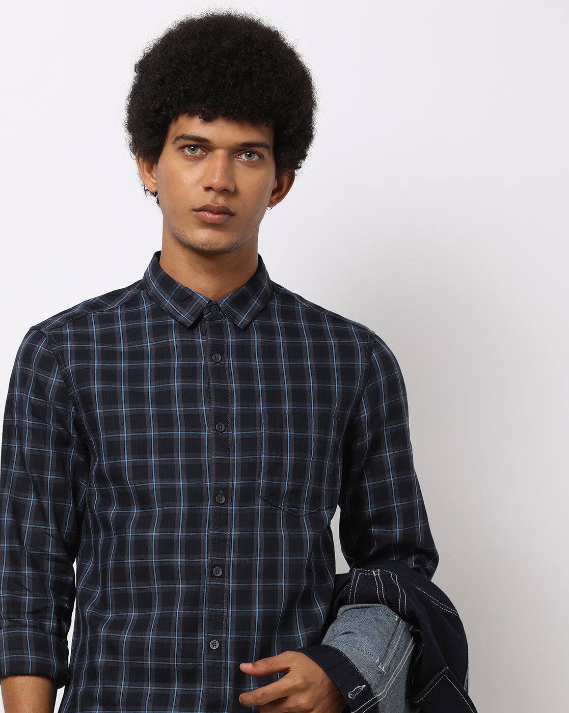 checked slim fit shirt with patch pocket