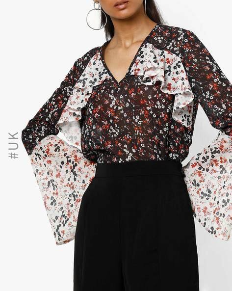 NEW Womens Ladies Black Floral Contrast Bell Sleeve Frilled NEW Womens Ladies Black Floral Contrast Bell Sleeve Frilled