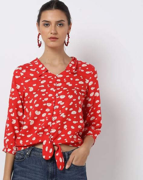 Floral Print Shirt Top with Tie-Up Hemline