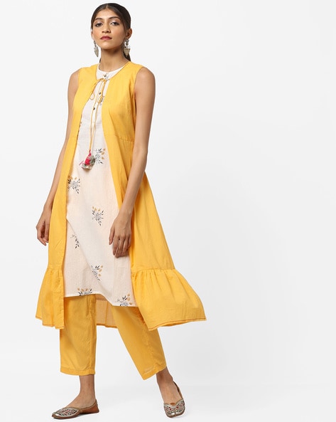 Buy Yellow Long Jacket Set Wih Mirror Work | Shreeman