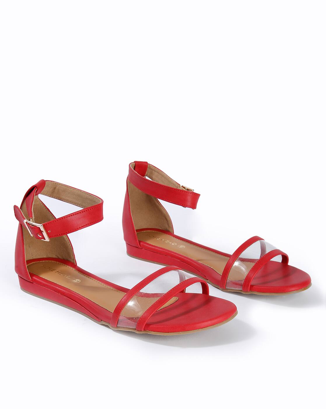 red flat sandals with ankle strap