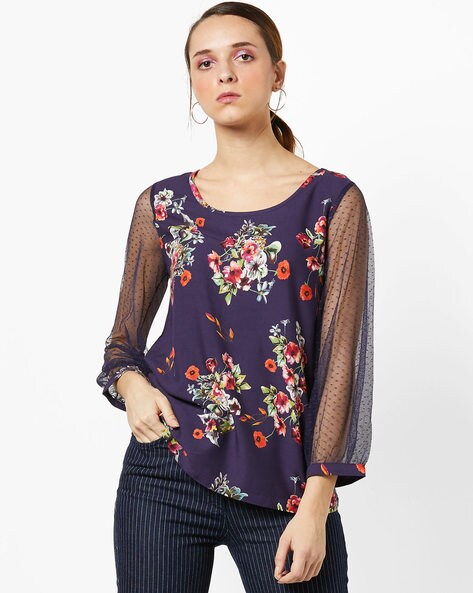 Floral Print Top with Swiss-Dot Sheer Sleeves