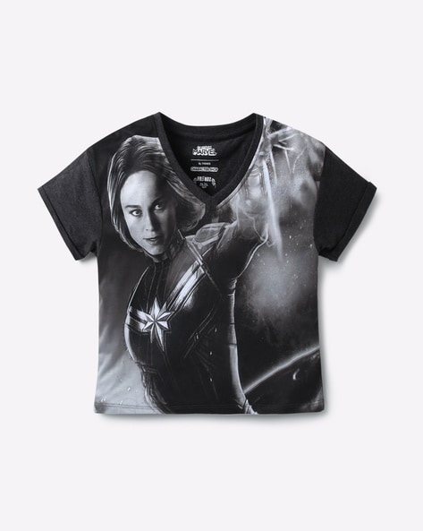 Disney Captain Marvel Print V-Neck T-shirt