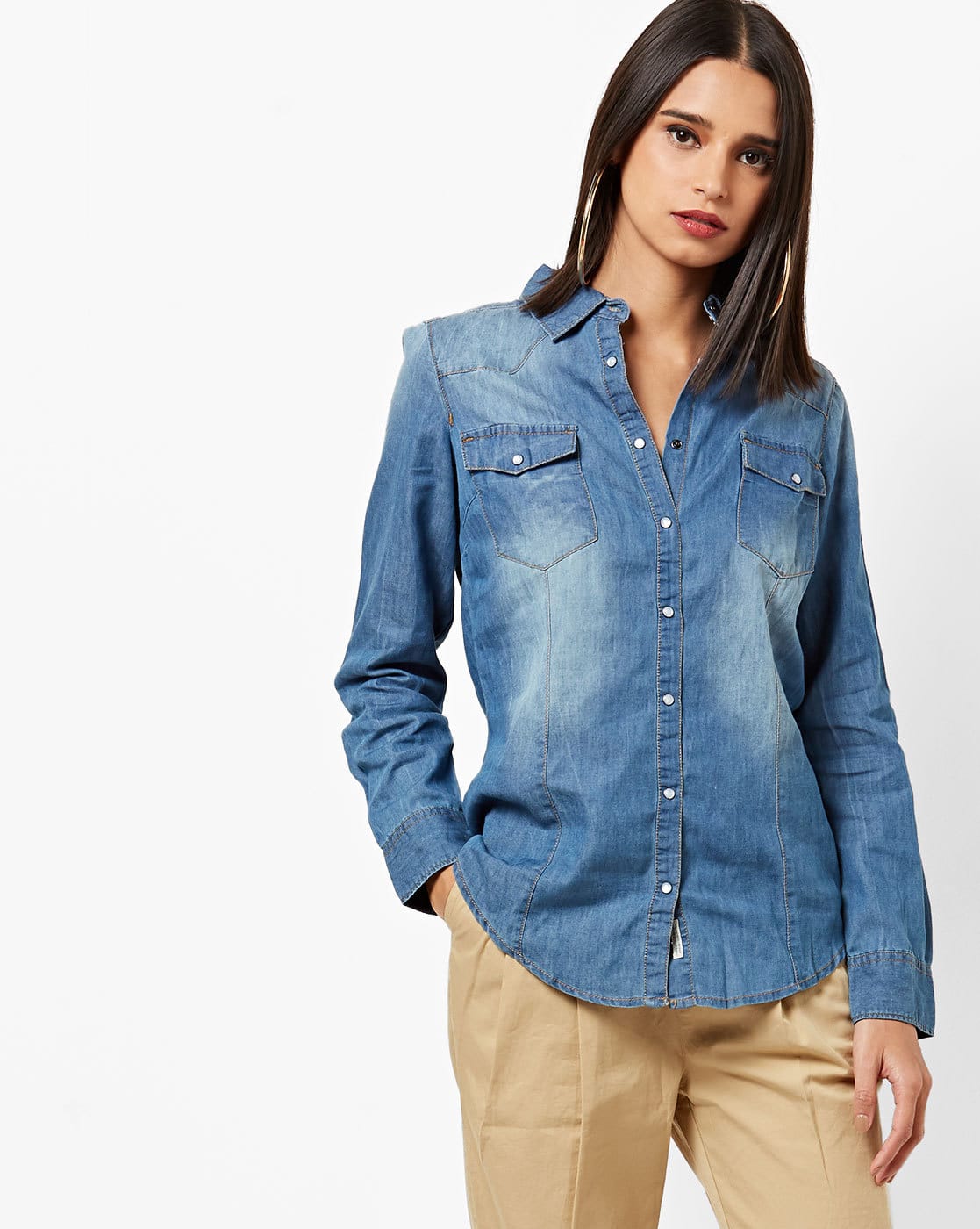 Faded Denim Shirt with Flap-Button Pockets