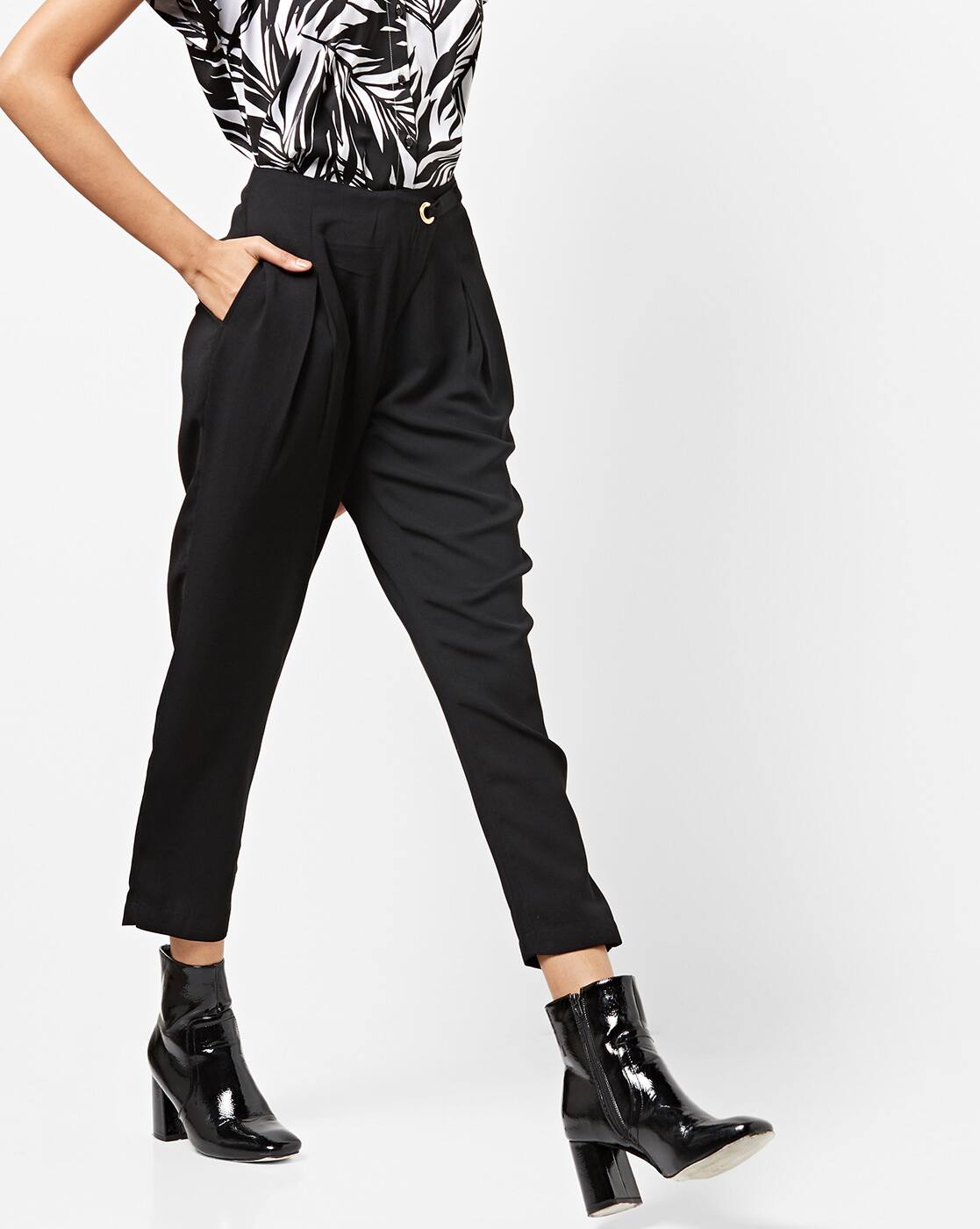black pleated cropped trousers